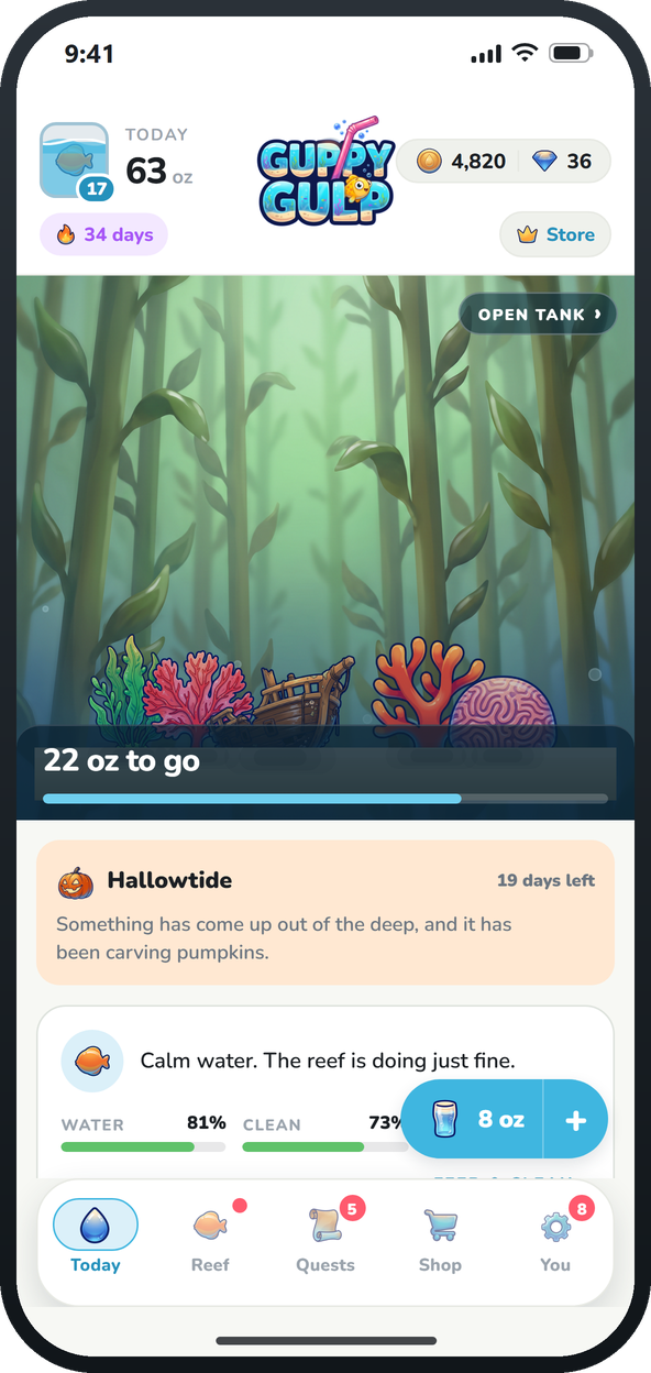 Guppy Gulp on an iPhone: a kelp forest aquarium with a sunken galleon, coral and five fish, 63 of 85 oz logged today.